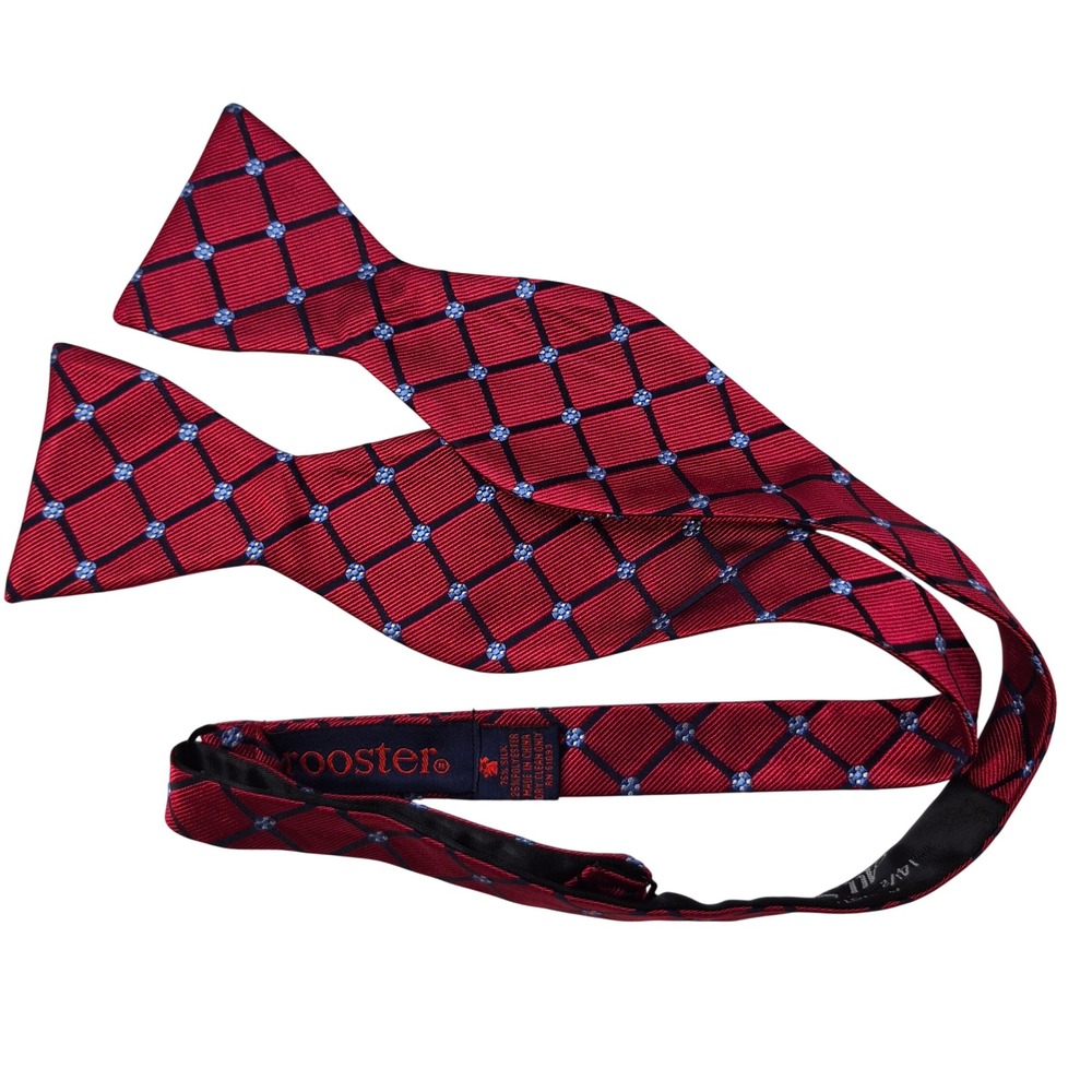 Rooster Bow Tie Mens Red Silk Blend Geometric Grid Self-Tie Formal Classic
